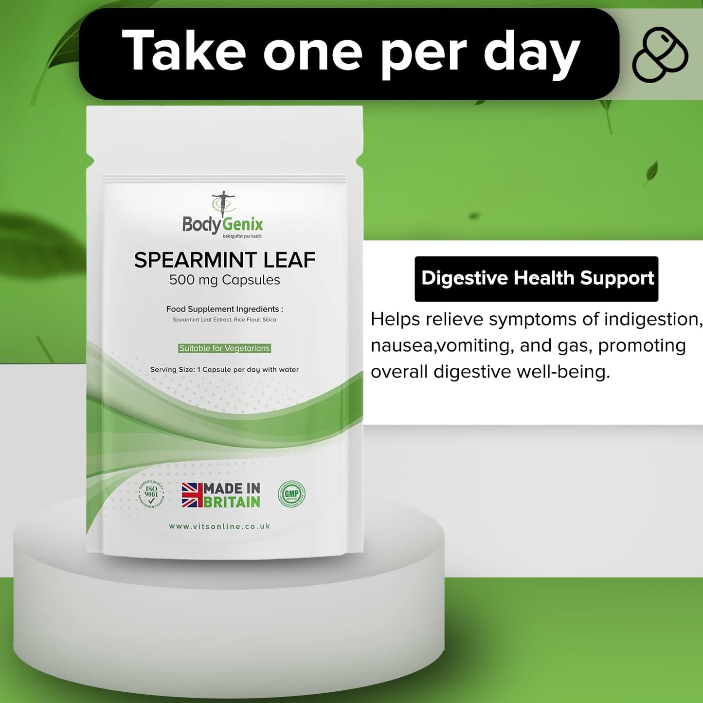 Bodygenix Spearmint Leaf Capsules - 500mg Hormonal Balance Digestive Health Fatigue & Stress Relief Support Antioxidant Formula Natural Food Supplement - 30 Capsules 1 Month Supply