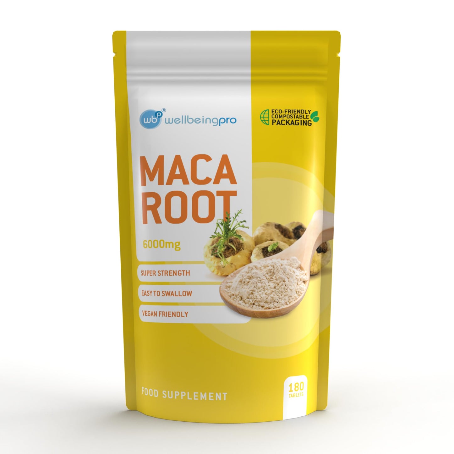 WBP Maca Root 6000mg Tablets (6 Month Supply) - Super Strength Unisex Vegan Herbal Extract - Eco & Letterbox-Friendly Compostable Packaging - Premium Quality Peruvian Maca Made in the UK - 180 Tablets