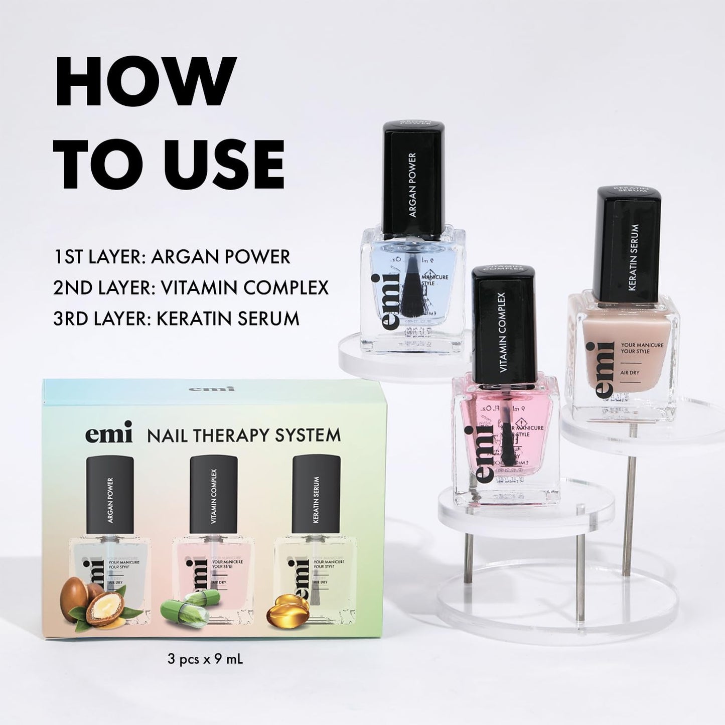 EMI Nail Care Power Trio for strong, healthy, and nourished nails vitamin therapy Argan Power A, E, and F Vitamin Complex Keratin Serum protective shield Emi Nail Therapy System