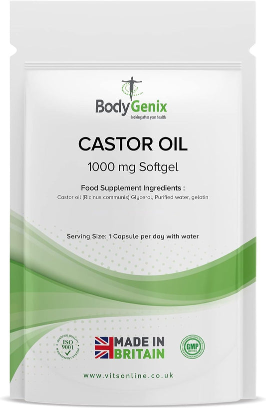 Bodygenix Castor Oil 1000mg Softgel Capsules - Supports Immune System Skin Hair Health Joint Wellness Relief Natural Health Supplement - 30 Softgels, 1 Month Supply