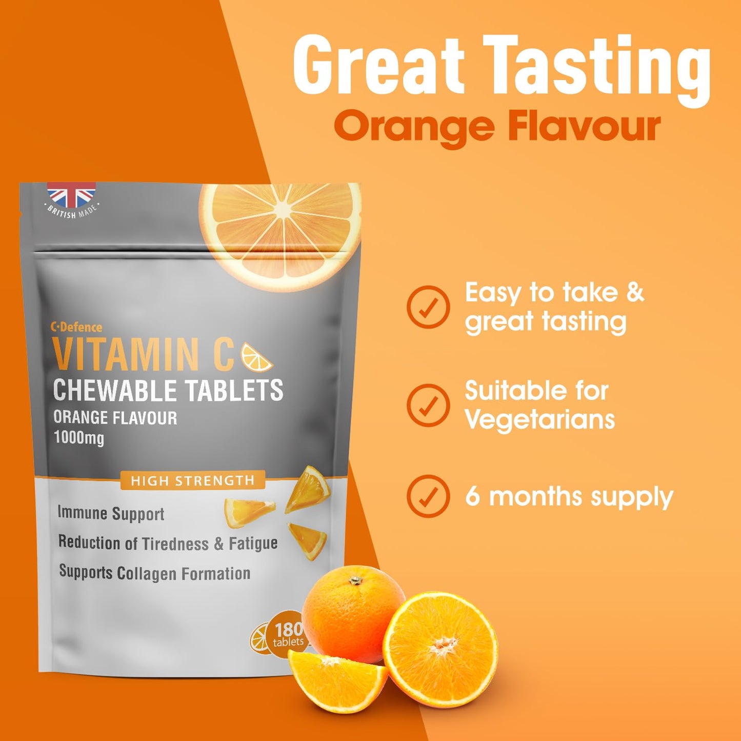 C.Defence Vitamin C Chewable 180 Orange Tablets 1000mg, Supports Immune Health and Helps Fight Colds - Helps Reduce Tiredness and Fatigue