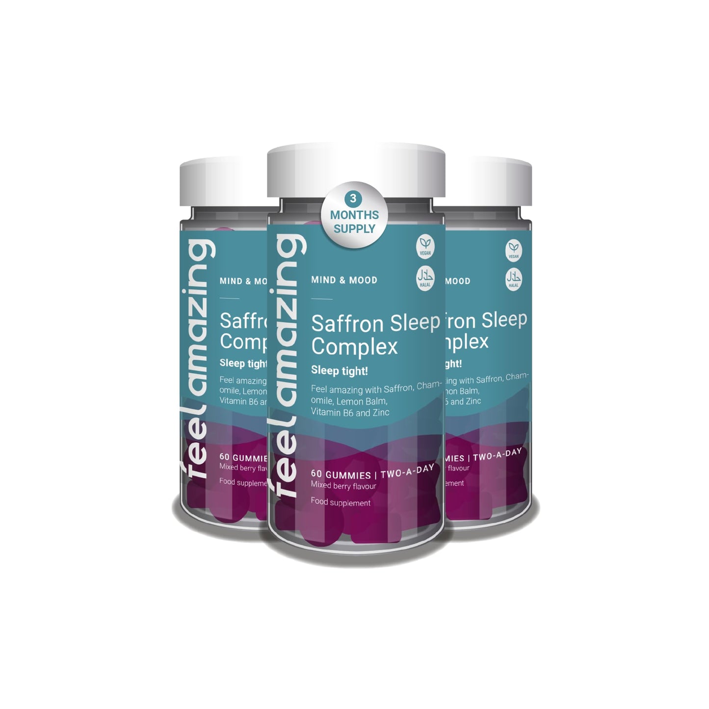 Feel Amazing Saffron Sleep Complex Gummies - Natural Sleep Aid with Lemon Balm, Chamomile, Zinc & Vitamin B6 - Vegan, Halal - Mixed Berry Flavour, 60 Gummies, 30-Day Supply (1)