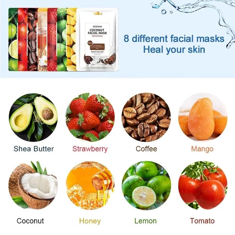 MOOYAM 8-pack Korean Skin Care Face Beauty Mask Sheet - Jojoba Oil, Green Tea, Vitamin C, Hyaluronic Acid, Shea Butter, Moisturising, Anti-Wrinkle, Brightening, Firming, Nourishing, Lightening 25ml/pc
