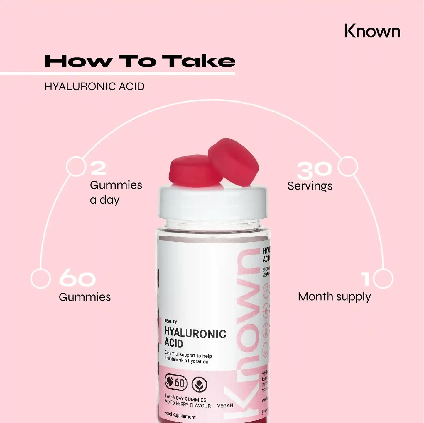 Hyaluronic Acid Gummies by Known Nutrition | Essential Support for Skin Hydration | Delicious Mixed Berry Flavour | 60 Two-a-Day Vitamin Gummies | 100mg Hyaluronic Acid (Pack of 2)