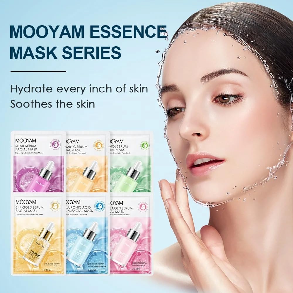 MOOYAM 6-pack Face Mask Set Collagen, Vitamin C, Retinol, Snail Serum, Hyaluronic Acid, Moisturizing Anti-Wrinkle Brightening Blackhead Remover Anti-Ageing Skin Revitalizer Acne All Skin Types