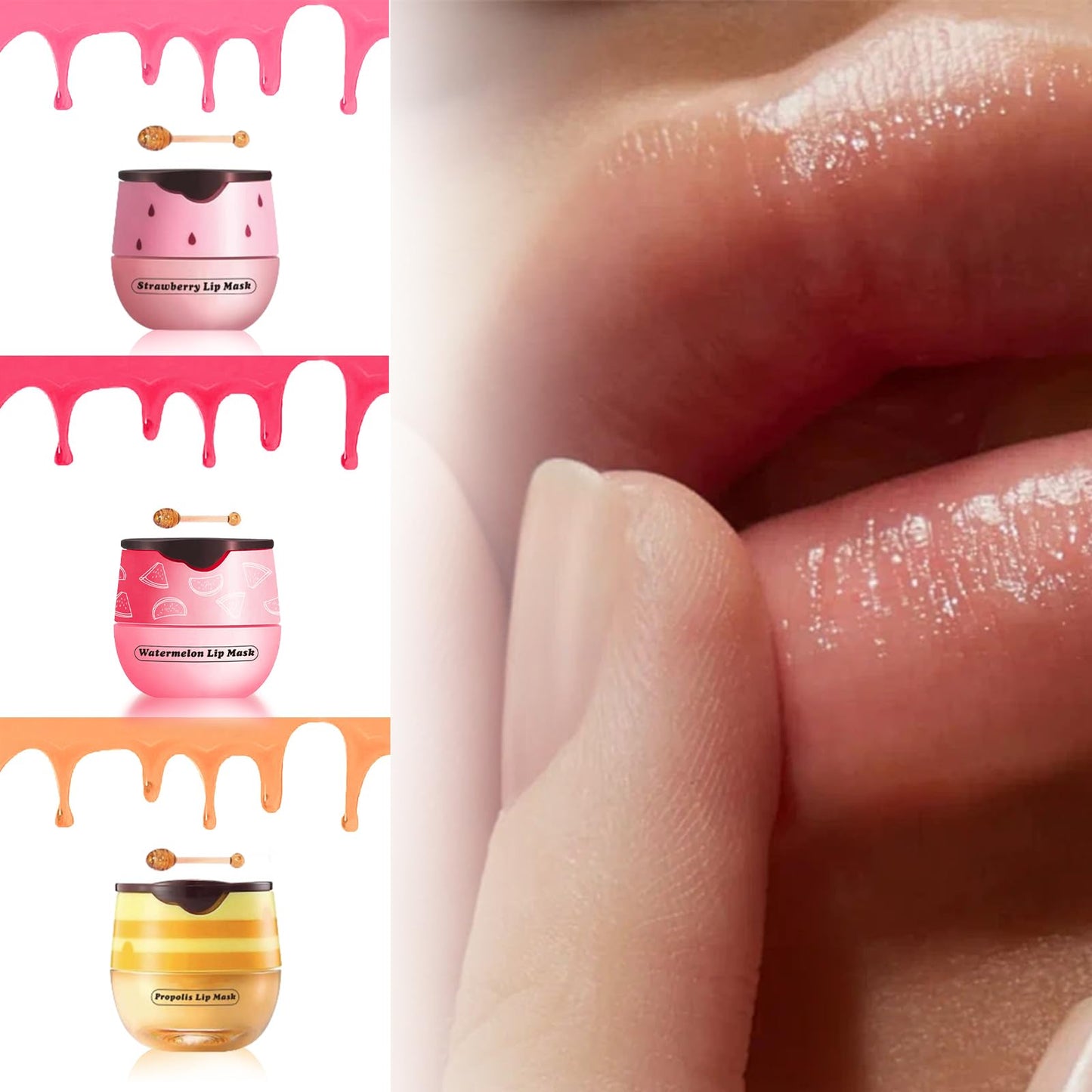 XdealCozyxc Honey Strawberry Watermelon lip balm Set, Bee Balm Lip Mask Moisturizing Care, Lighten Dark Lip Color Reduce Lip Lines