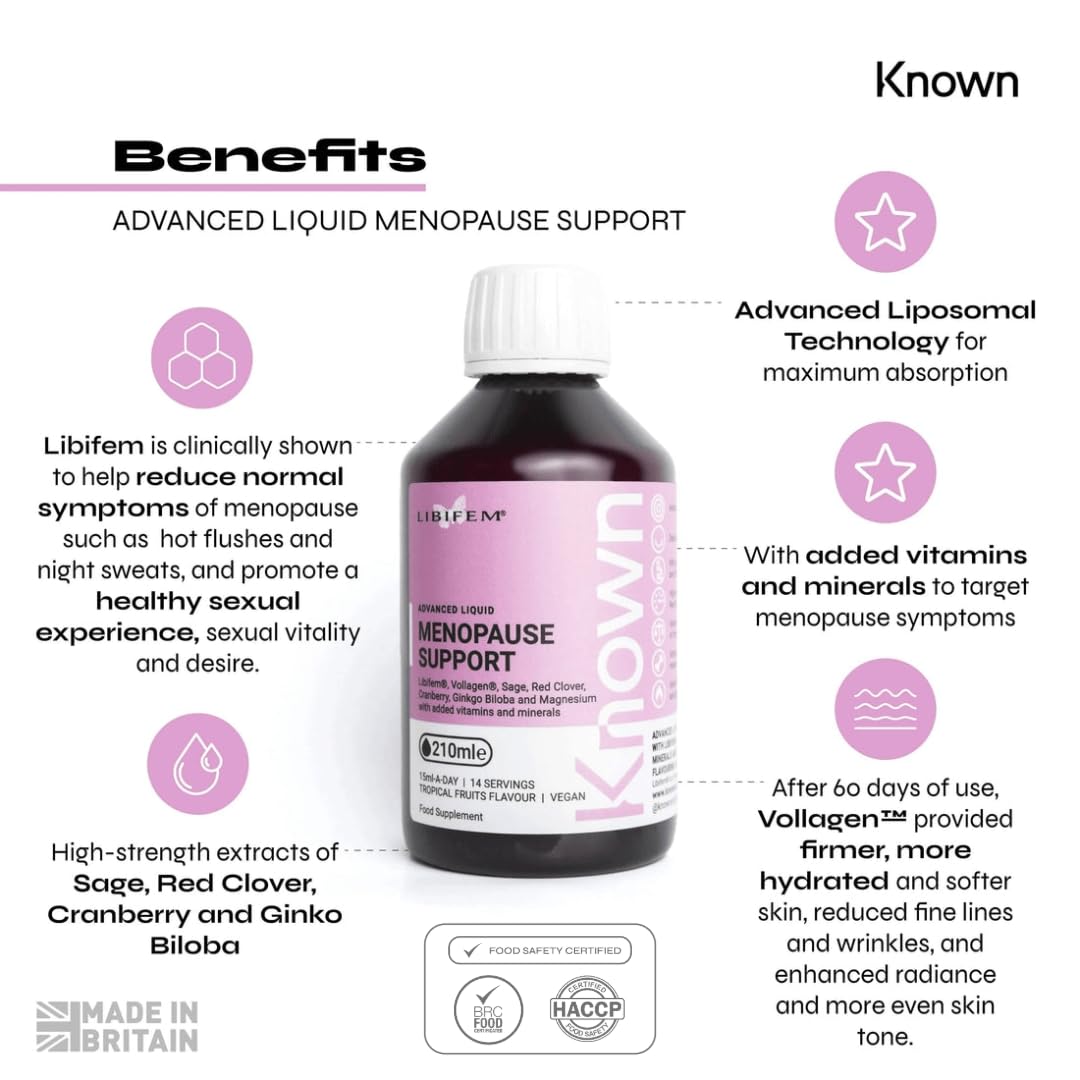 Known Advanced Menopause Support Liquid Bottle - Libifem® & Vollagen® - Supports Menopause Symptoms - Natural Orange & Honey Flavour - 14 Servings