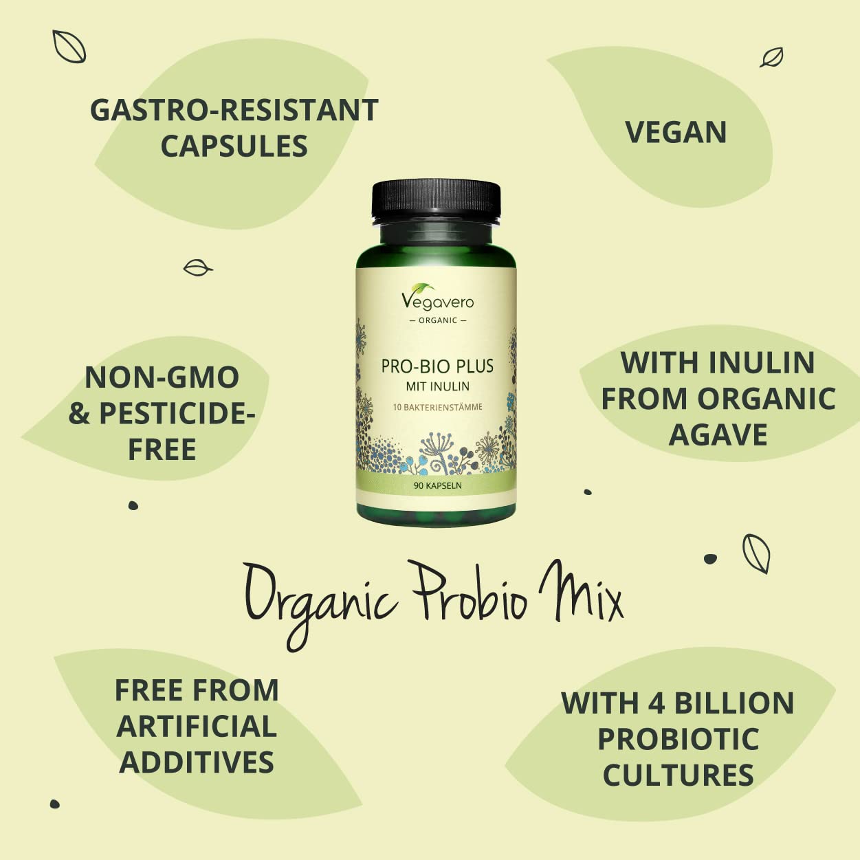 Probiotics & Prebiotics Vegavero® | 100% Organic | 10 Strains (Lactobacillus + Bifidobacterium) | 4 Billion Active Bacteria & Inulin from Agave | 90 Vegan Capsules | NO Additives