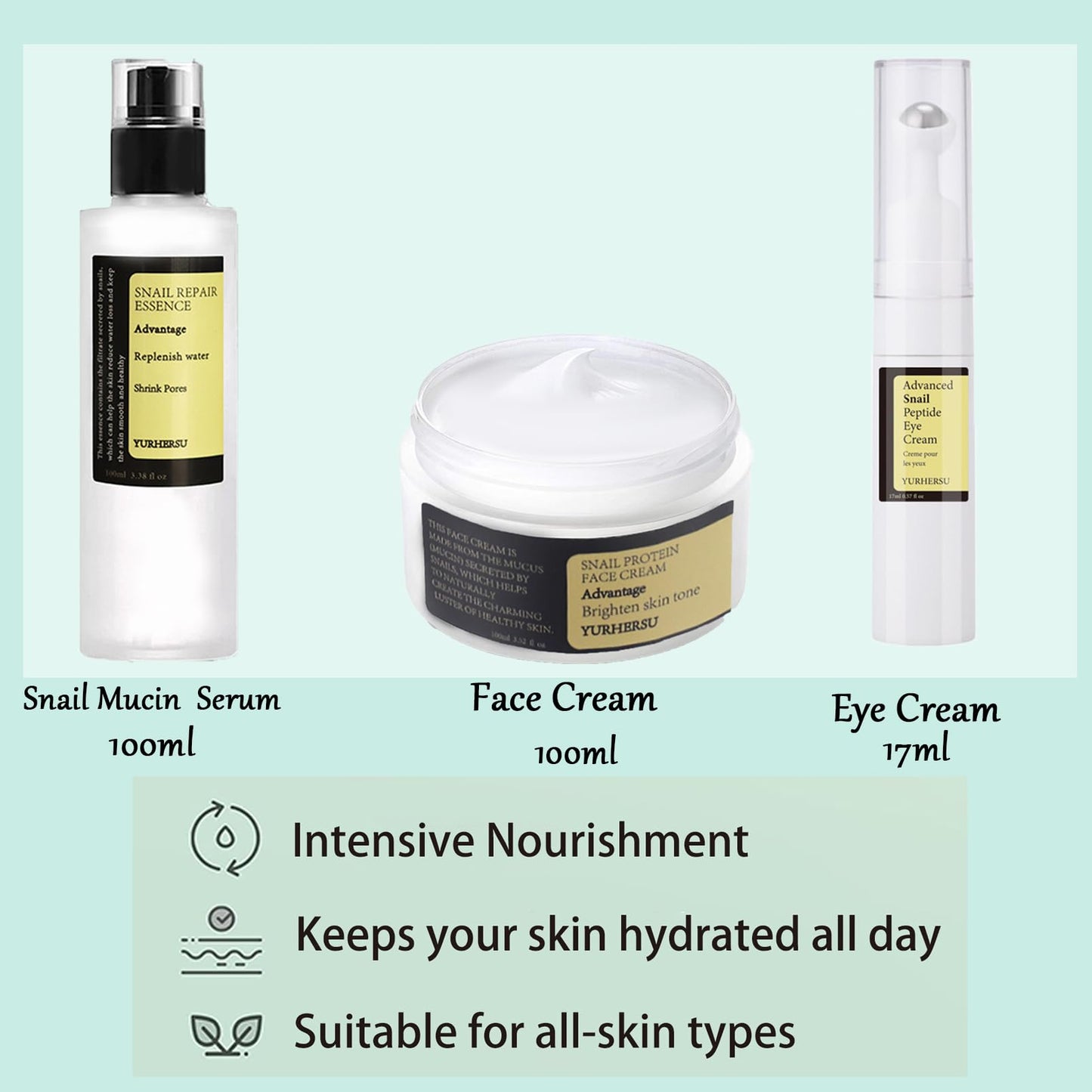 DMQ Snail Mucin Essence,3PCS Snail Mucin Skincare Sets for Teenage Girls,Natural Pamper Sets For Women Gifts,Snail Mucin Face Serum&Face Moisturizer & Eye Cream,High Firming & Enhance Skin Elasticity