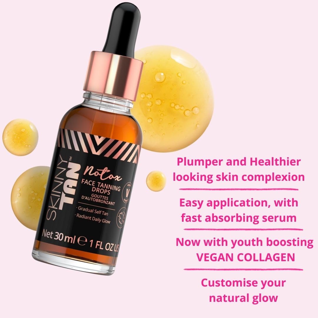 Skinny Tan Notox Moisturising Face Tanning Drops - Gradual Fake Tan Face Serum with Vegan Collagen, Cruelty-Free, Paraben Free & Vegan Skincare - Dark Self Tan, 30ml