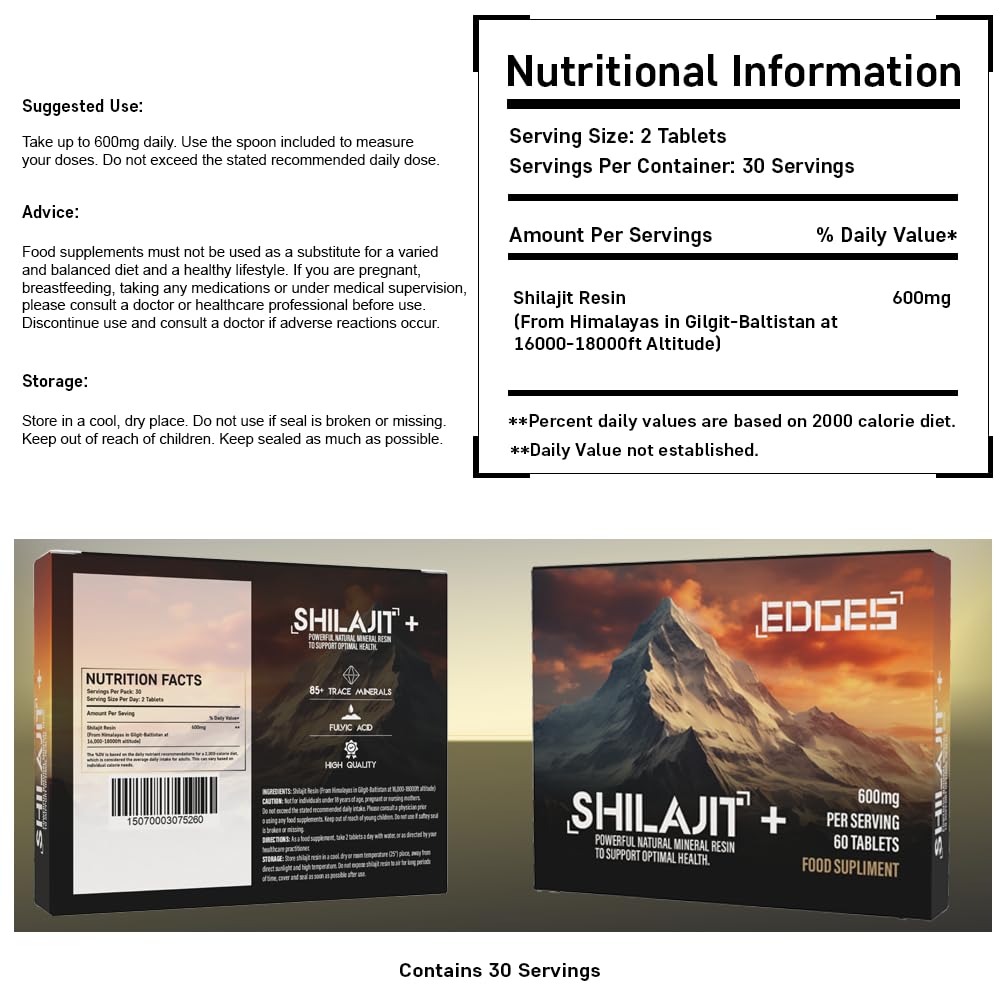 Edges 600mg Shilajit Dry Drops - 100% Original Himalayan Shilajit - Gold Grade Pure, Rich in Fulvic & Humic Acid, Minerals, Immune Support & Energy Booster - 1 Month Supply