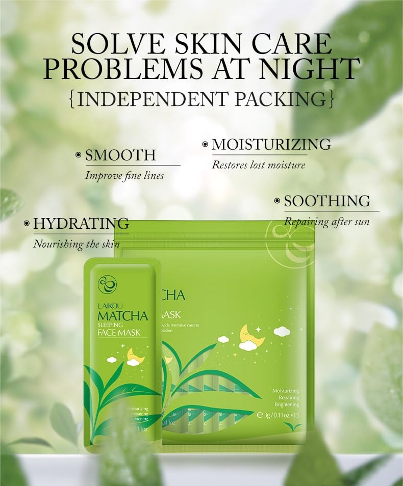 Matcha Tea Sleeping Face Mask Cream, 15 Pack x 3g, Moisturising and Repairing Night Treatment, Green Tea