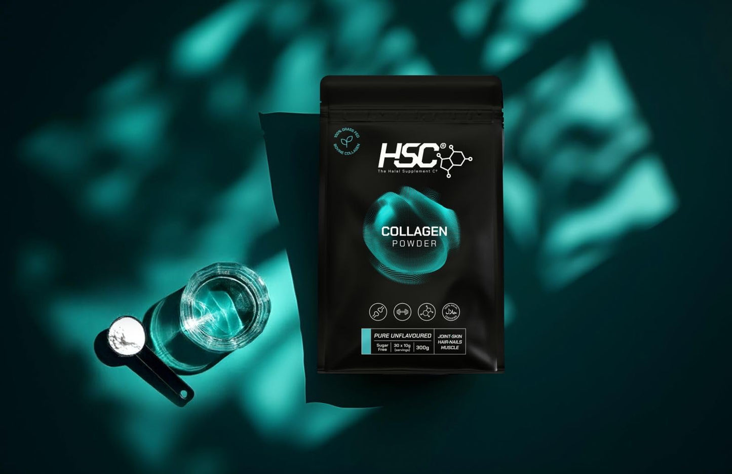 The Halal Supplement Co. - Halal Bovine Collagen Peptides Powder 300g for Hair, Skin, Nails, Joints & Muscles - 100% Grass Fed Hydrolysed Bovine Collagen (Type I & III) for Women and Men