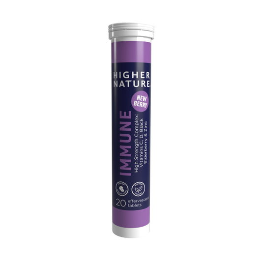 HIGHER NATURE Higher Nature - Immune Effervescent - Easy to Take Immune Support - Vitamin C, D & Zinc - No Artificial Sweeteners – Blackcurrant and Elderberry Flavour - 20 Tablets