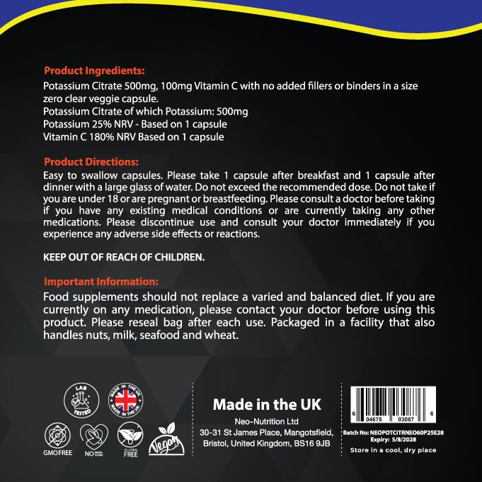 NEO-NUTRITION Potassium Supplement High Strength 1200mg with Vitamin C | Electrolyte Tablets | Potassium Citrate | 60 Count | 100% Vegan NEO NUTRITION