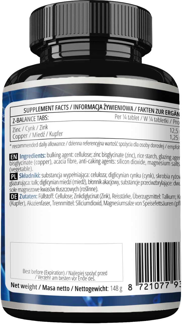 APOLLO'S HEGEMONY Z-Balance - Zinc 12,5mg + Cooper - 180 Tablets Capsules - 720 Servings - Zinc bisglycinate and Cooper bisglycinate - Supplement for Healthy Hair, Skin and Nails - by Apollo's Hegemony
