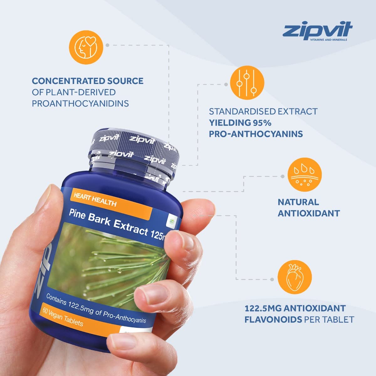 Zipvit Pine Bark Extract 125mg, 60 Vegan Tablets, High Strength Pine Bark Extract, Rich in 122.5mg Proanthocyanidins, Powerful Antioxidant Support