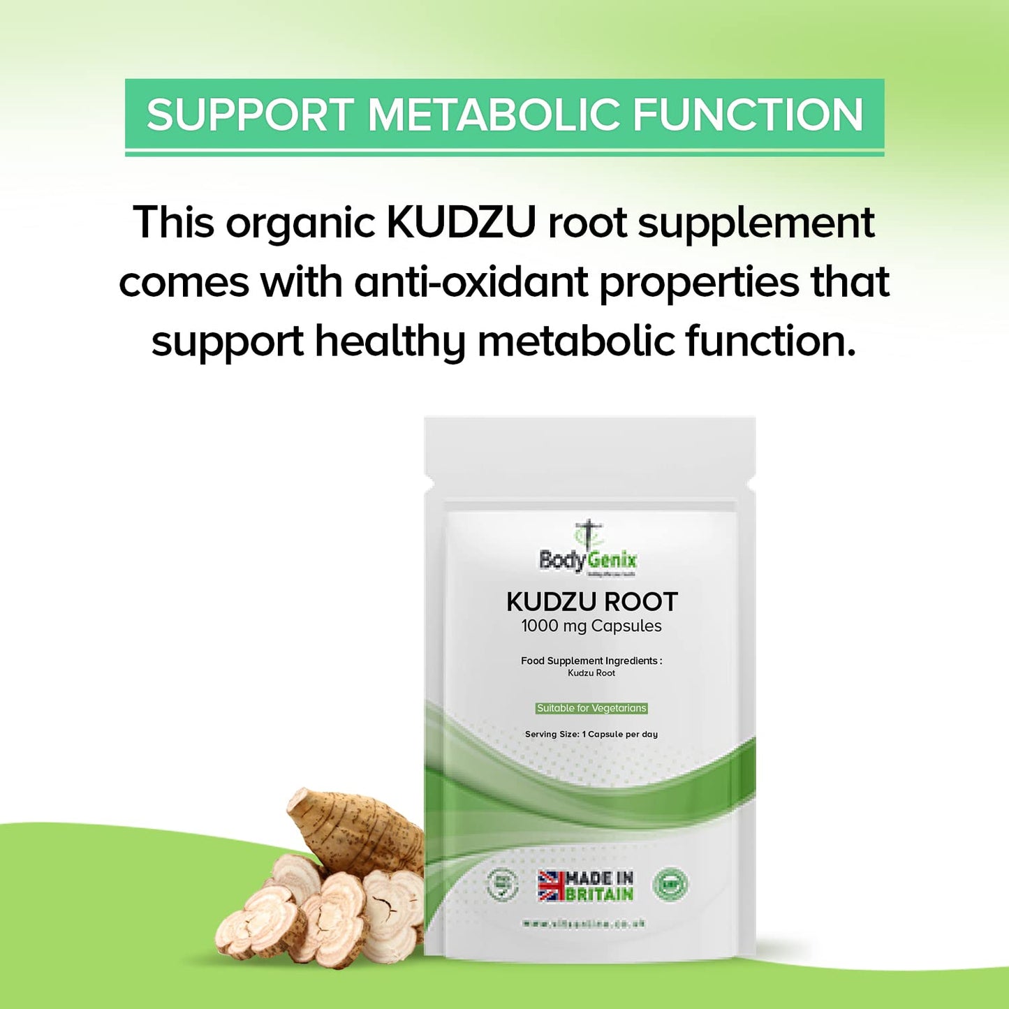Bodygenix Bodgyenix 1000mg of Kudzu (Pueraria lobata) Root Capsules Natural Veggie Dietary Supplement (30)