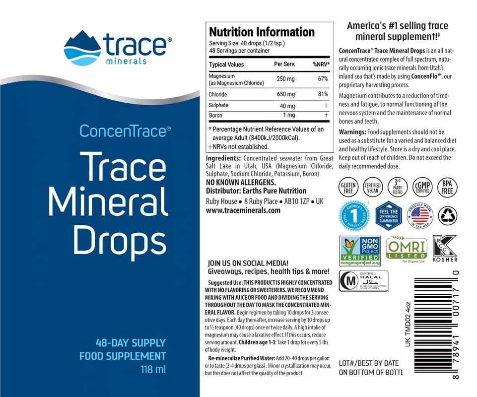 Trace Minerals ConcenTrace Mineral Drops | 118ml, 48 Servings | Supports Energy, Digestion, Bone Health & Hydration, 70+ Ionic Trace Minerals w/Magnesium, Chloride & Potassium