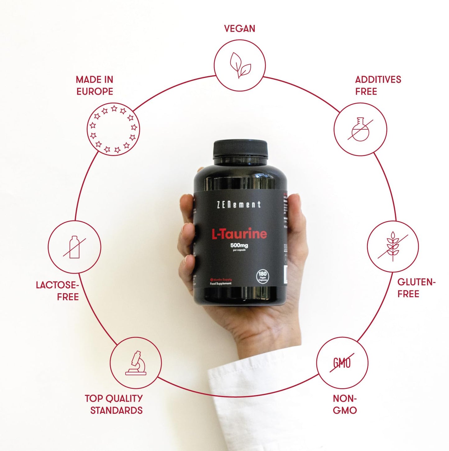 Taurine Supplement 1000mg Capsules Per Serving | 180 High Strength Taurine Capsules Vegan (3 Months Supply) | Pre Workout Supplement for Men & Women | Essential Amino Acid | Gluten Free | Zenement