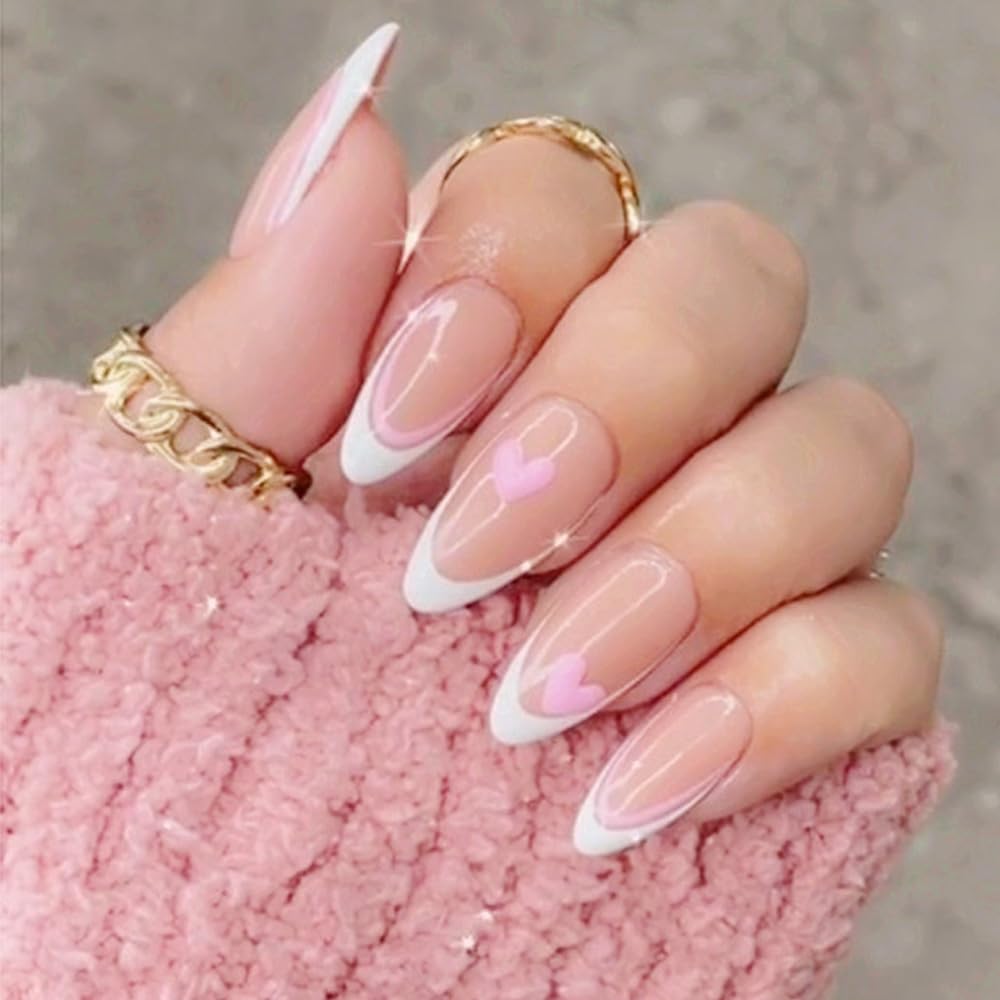 ZDHSOY 24Pcs French False Nails White Tip - Medium Length Fake Nails French Tip Press on Nails, Almond Pink with Ballet Heart Design for Women Girls (Ballet Heart Design)