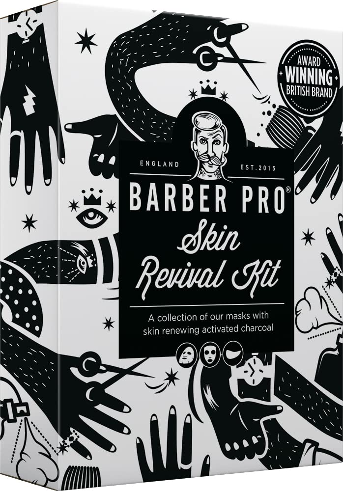 BeautyPro BARBER PRO Skin Revival Mens Pamper Kit 4-in-1 Under Eye Mask Peel Off Putty & 2 Face Masks Rejuvinate Hydrate Soothe Tired Eyes Cleanse Pores Multi Award Winning Brand
