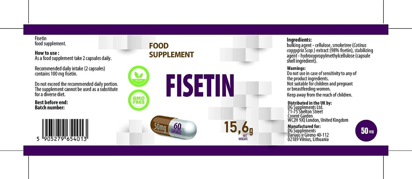 Hepatica Fisetin 50mg | 5,000mg Equivalent | 100:1 Smoketree (Cotinus Coggygria) Extract Standardised to 98% Fisetin | 60 Vegan Capsules | 3rd Party Lab Tested