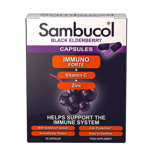 Sambucol Natural Black Elderberry Immuno Forte Capsules | Vitamin C | Zinc | Immune Support Supplement | 30 Capsules