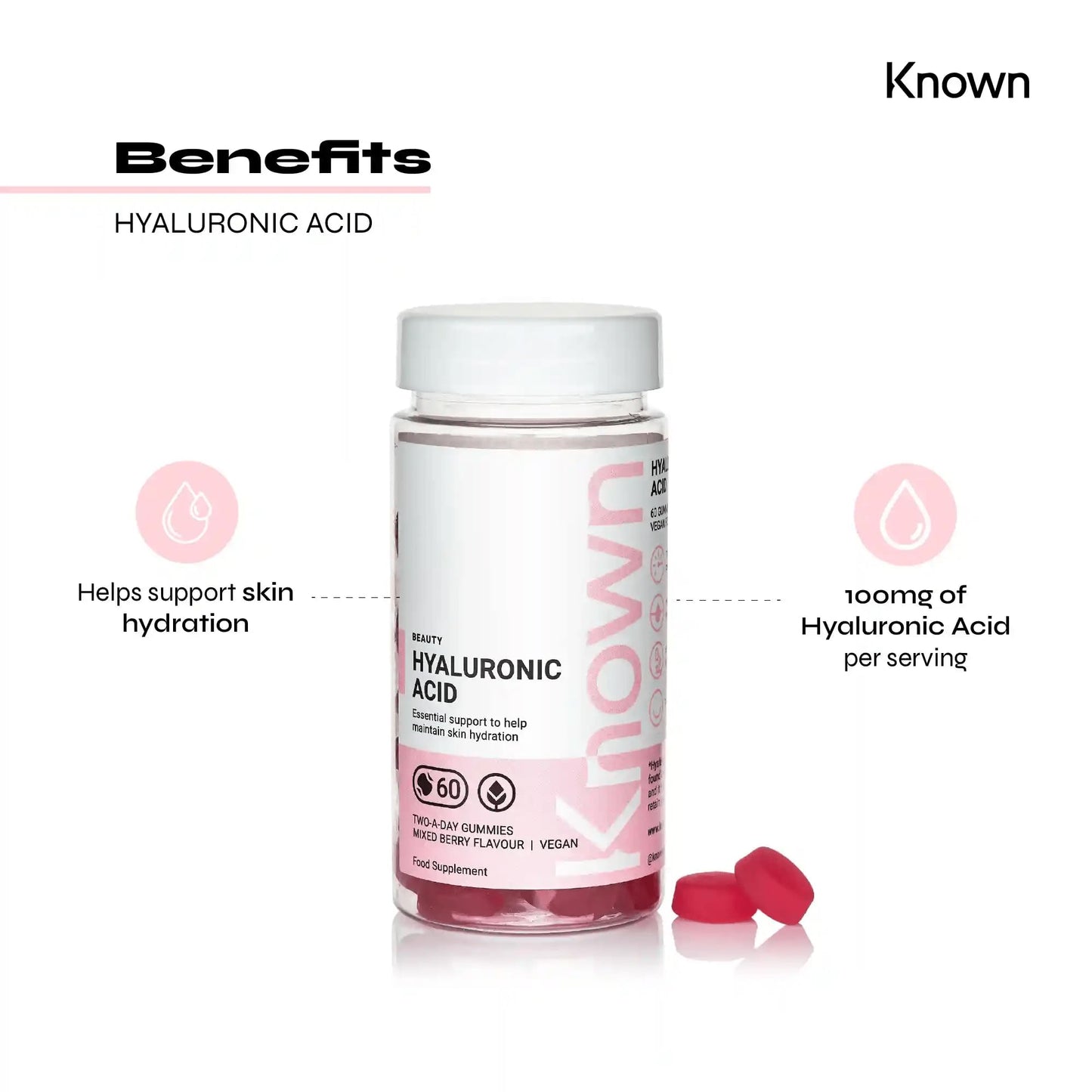 Vegan Hyaluronic Acid Gummies by Known Nutrition | Essential Support for Skin Hydration | Delicious Mixed Berry Flavour | 60 Two-a-Day Vitamin Gummies | 100mg Hyaluronic Acid (Pack of 1)