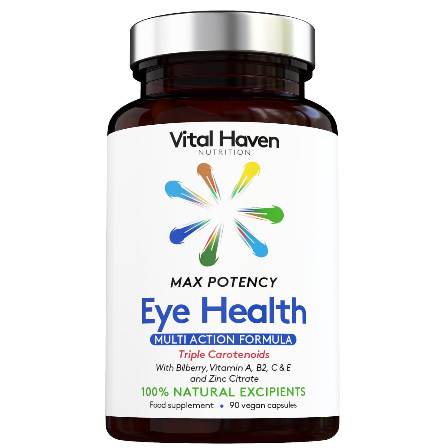 Vital Haven Complex Triple Action Formula - Meso Zeaxanthin + Lutein + Zeaxanthin with Bilberry and Vitamin C/A/E/B2 with Zinc for Maximum Absorption - Max Potency - Premium Ingredients - Vegan - Made in The UK