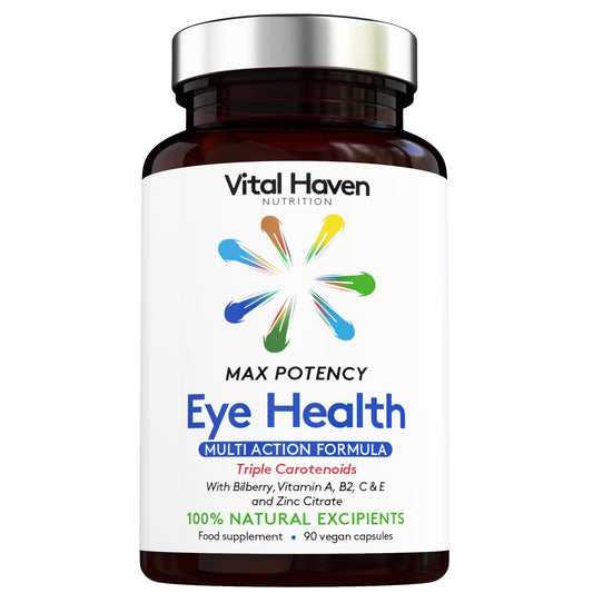 Vital Haven Complex Triple Action Formula - Meso Zeaxanthin + Lutein + Zeaxanthin with Bilberry and Vitamin C/A/E/B2 with Zinc for Maximum Absorption - Max Potency - Premium Ingredients - Vegan - Made in The UK