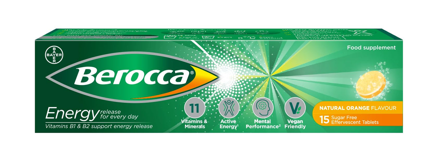 Berocca Vitamin C Effervescent Tablets, with Magnesium, Vitamin B12 and Vitamin B Complex (B1, B2, B3, B5, B6, B7, B9 and B12), Orange Flavour Tablets, 15 Tablets