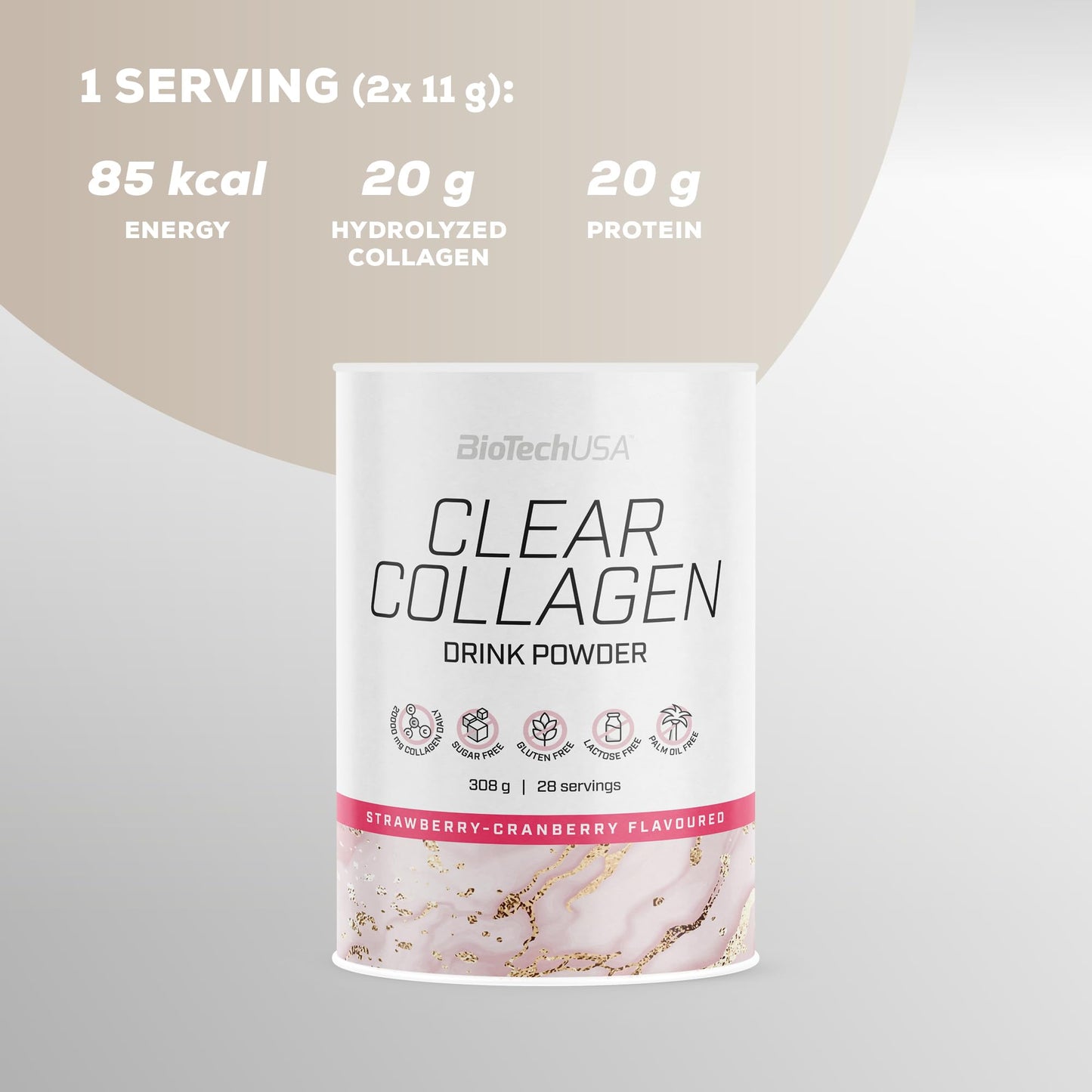 BioTechUSA Clear Collagen Drink Powder, A Refreshing, Flavoured Drink Powder containing hydrolysed Collagen and Sweetener, 308 g, Strawberry & Cranberry