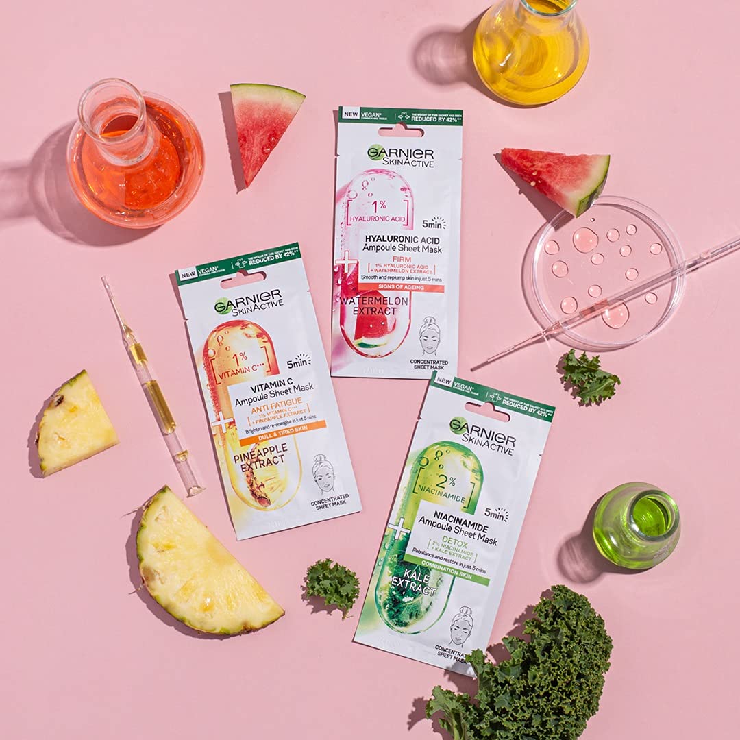 Garnier Ampoule Sheet Masks, Set Of 3 - 1% Vitamin Cg + Pineapple To Brighten Skin, 1% Hyaluronic Acid + Watermelon To Replump Skin, 2% Niacinamide + Kale To Rebalance Oily Skin, Fast Action 5 mins.