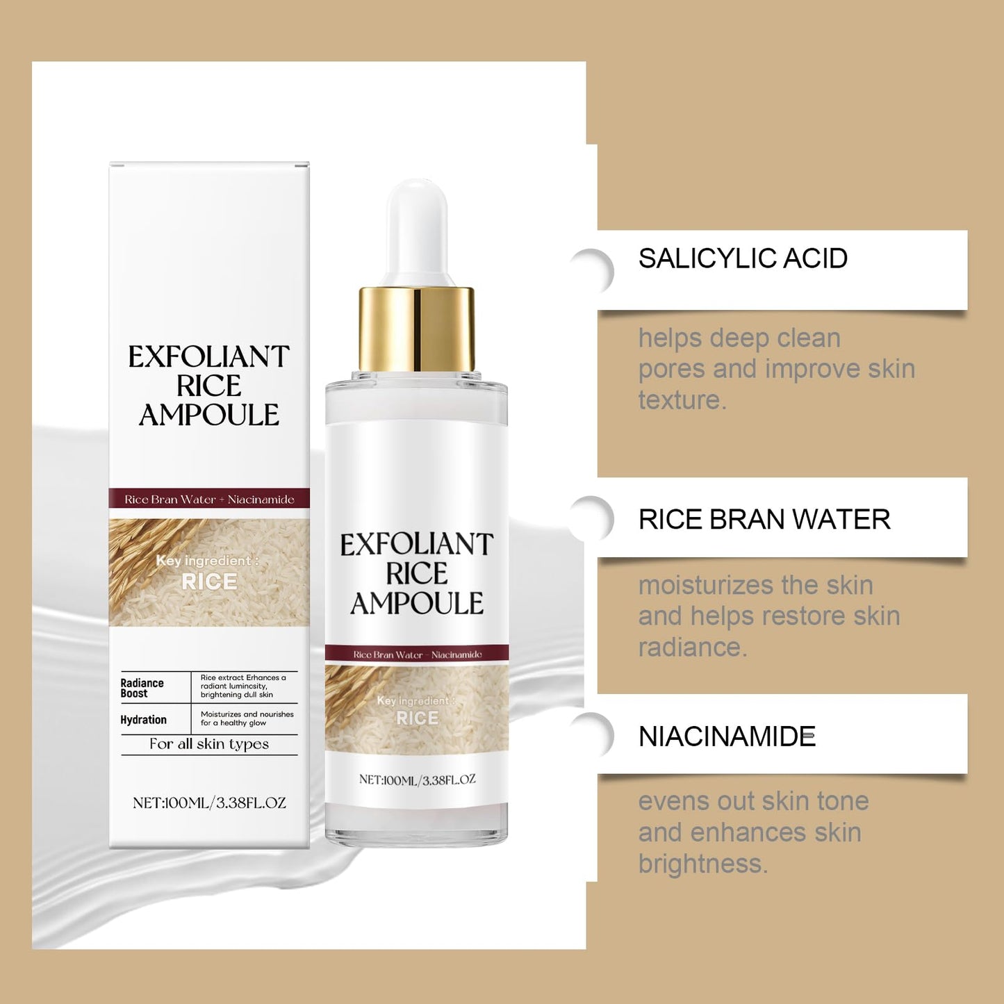 Generic Exfoliant Rice Ampoule,remove dead skin,blackheads and impurities,activate and moisturize the skin,shrink pores (White rice)