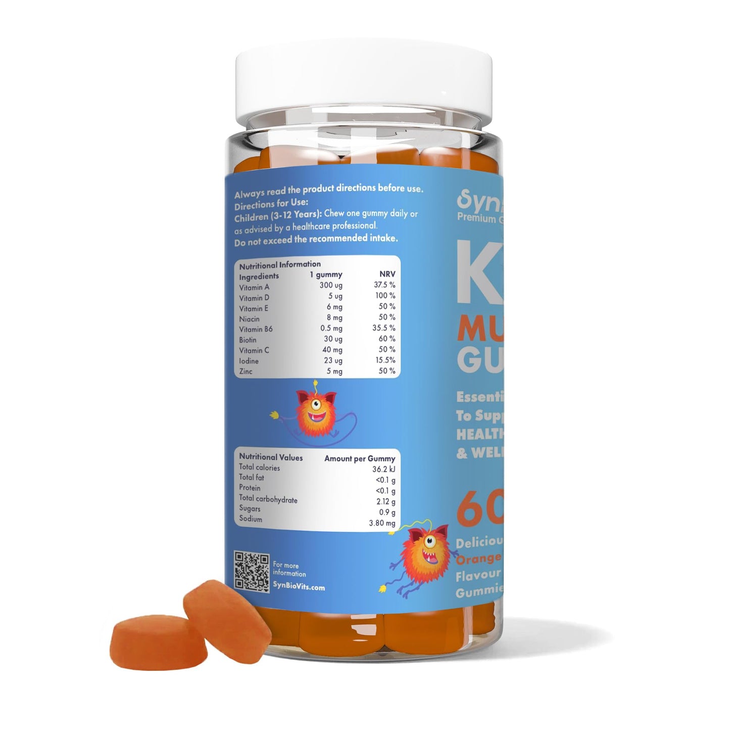 SynBio Kids Multivitamin Gummies | Daily Vitamins for Children Aged 3-12 | with Vitamin C, D, Zinc & More | Gelatin Free, Vegetarian, Halal & Kosher | 60 Tasty Orange Flavour Gummies