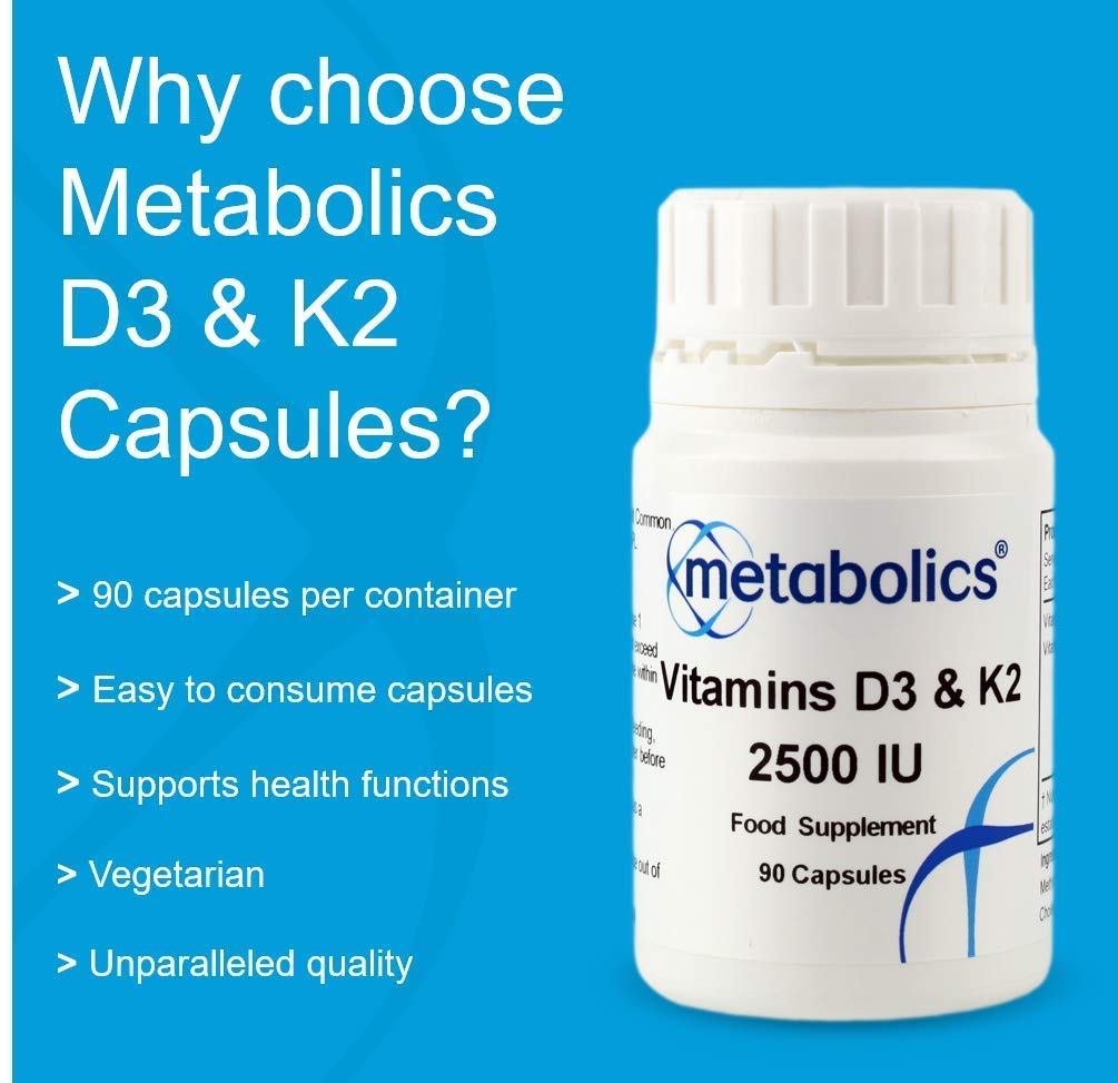 Metabolics Vitamin D3 and K2 2500 IU | Vegetarian Vitamin D Supplement | High Quality Vitamin D and K2, Increased Vitamin D Absorption, In Vegetable Capsules- Manufactured In The UK, Supports Healthy Bones, Teeth and Cell Division- No Caking Agents