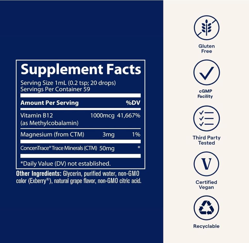 Generic Minerals Liquid Ionic Vitamin B12, 1000mcg, Non-GMO, Gluten-Free, Unflavored 59ml