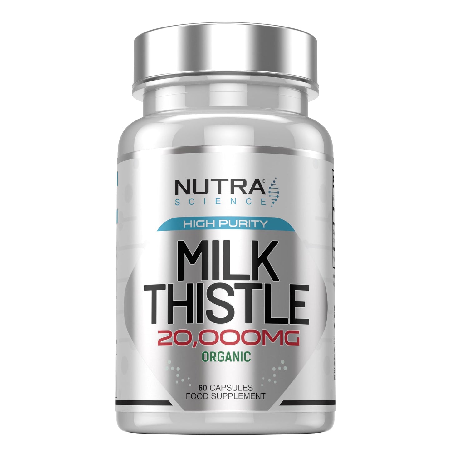 Nutra Science Organic Milk Thistle Supplement (80% Silymarin) 20,000mg – Milk Thistle High Strength Tablets, 60 Vegan Capsules
