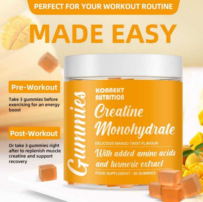 Creatine Monohydrate Gummies, Added 500mg BCAAs and Turmeric Exctract, 4500mg per Serving, Pre-Workout Gym Supplement for Men and Women (1 Month Supply), Mango Twist