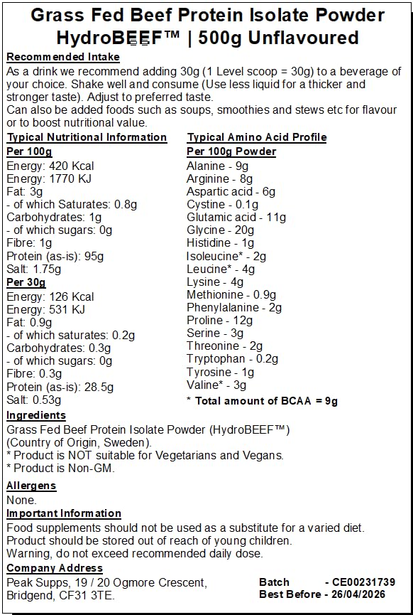 Grass Fed Beef Protein Isolate 95% - HydroBEEF™ - 500g | Rich in Type I II III Collagen