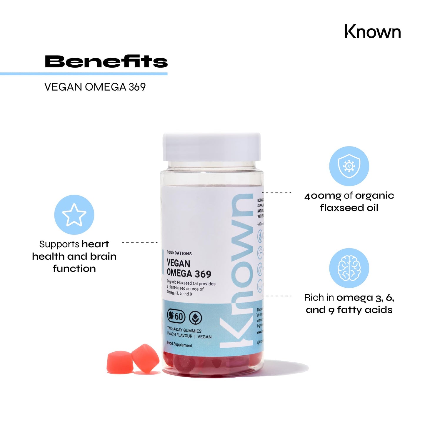 Vegan Omega 369 Gummies by Known Nutrition | Natural Heart and Brain Health Support | Delicious Natural Peach Flavour | 60 Two-a-Day Vegan Vitamin Gummies (One Month’s Supply)