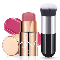 Cream Blush Stick, 3-in-1 Multi-Use Blusher Contour for Lip Cheek Eye, Long-lasting Waterproof Cream Blusher with Makeup Brush, Moisturize Blush Wand, Lightweight Face Blusher for Women Nature Look