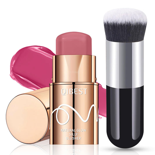 Cream Blush Stick, 3-in-1 Multi-Use Blusher Contour for Lip Cheek Eye, Long-lasting Waterproof Cream Blusher with Makeup Brush, Moisturize Blush Wand, Lightweight Face Blusher for Women Nature Look