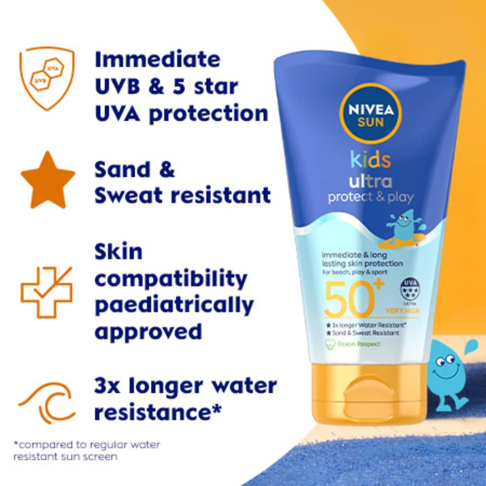 NIVEA SUN Kids Swim & Play // Ultra Protect & Play SPF 50+ Lotion (150ml), Water-Resistant Sunscreen, Effective UVB and 5 Star UVA Protection, Sun Cream Enriched with Dexpanthenol, Designs May Vary