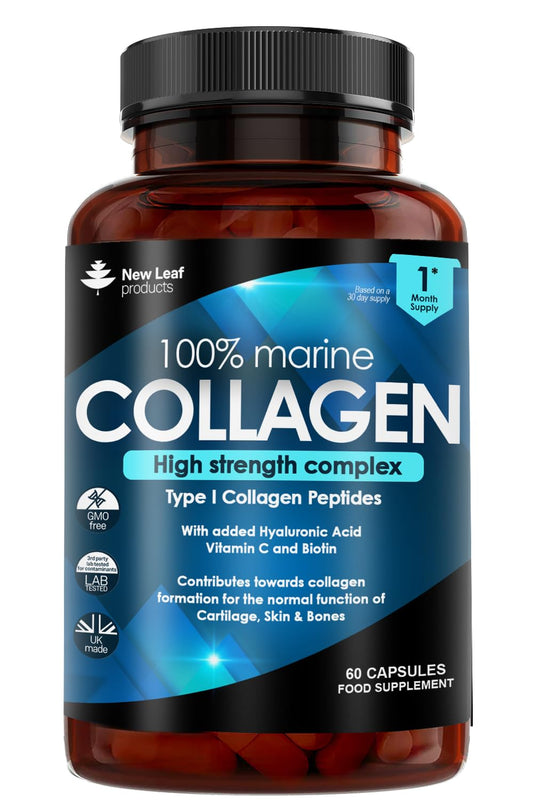 NEW LEAF PRODUCTS Pure Marine Collagen 100% Marine Collagen Type 1 1500mg - 180 Capusles Hydrolysed Collagen Peptides Enhanced with Hyaluronic Acid & Vitamin C, High Strength Collagen Supplements for Women and Men