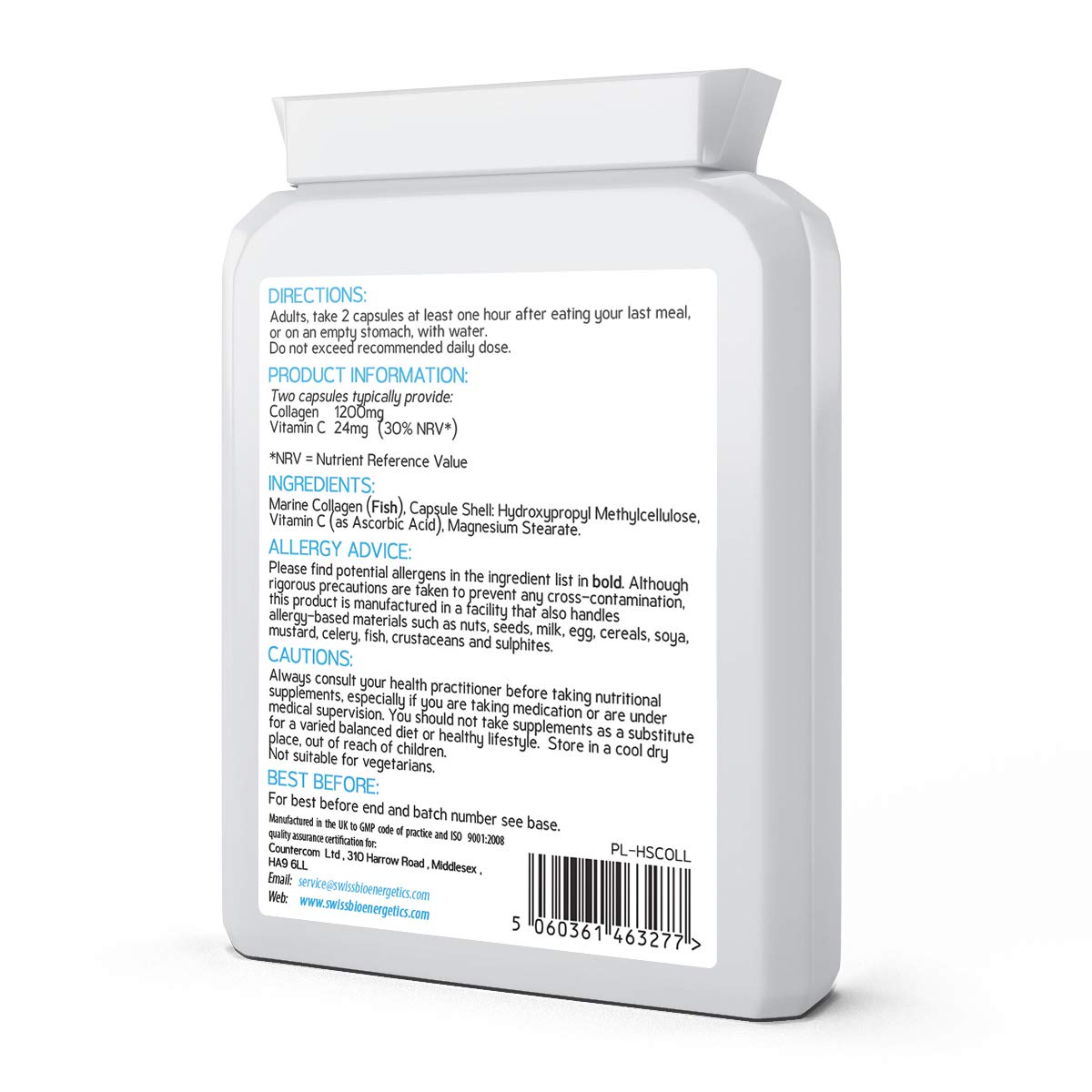 swiss bioenergetics Marine Collagen 600mg 60 Capsules - Highly Bioavailable Naticol® Type 1 Produced by enzymatic hydrolysis ensuring The Highest Levels of oligopeptides with Maximum Purity