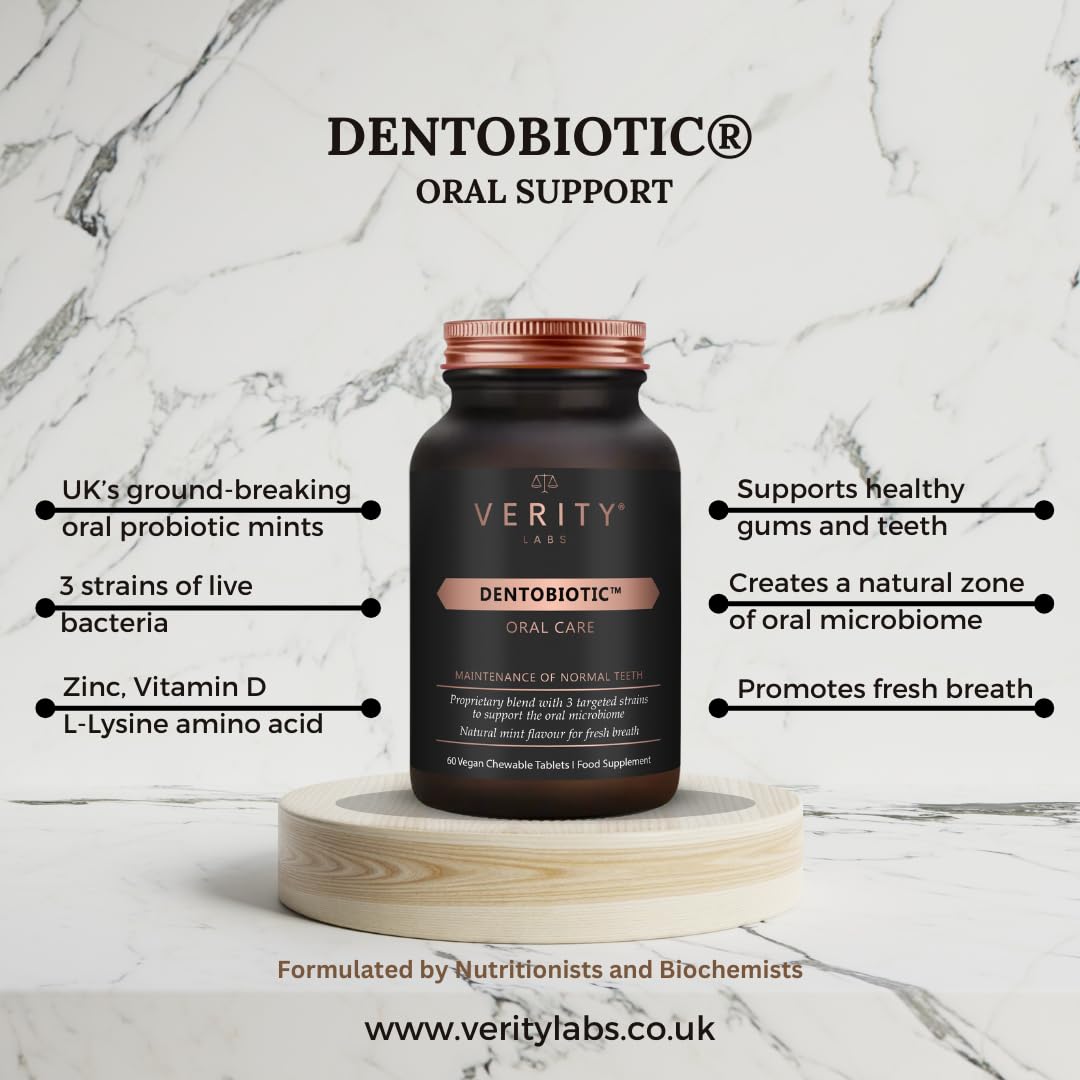 Verity Labs DENTOBIOTIC Dental Probiotics | Oral Probiotics for Adults and Children Over 5 | Gum Health | Vitamin D3, Zinc and L-Lysine | Vegan | 60 Chewable Tablets/Lozenges | Oral Hygiene