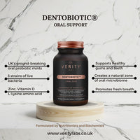 Verity Labs DENTOBIOTIC Dental Probiotics | Oral Probiotics for Adults and Children Over 5 | Gum Health | Vitamin D3, Zinc and L-Lysine | Vegan | 60 Chewable Tablets/Lozenges | Oral Hygiene
