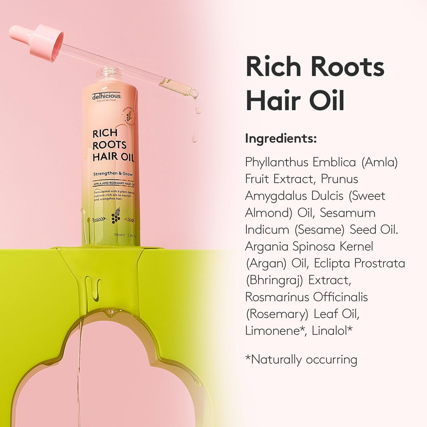 Delhicious Amla Oil & Rosemary Oil for Hair Growth - Rich Roots Hair Loss Treatment for Thinning Hair - Nourishes Dry Scalp, Brightens Dull Hair - Natural, Vegan, Ayurveda - 100ml
